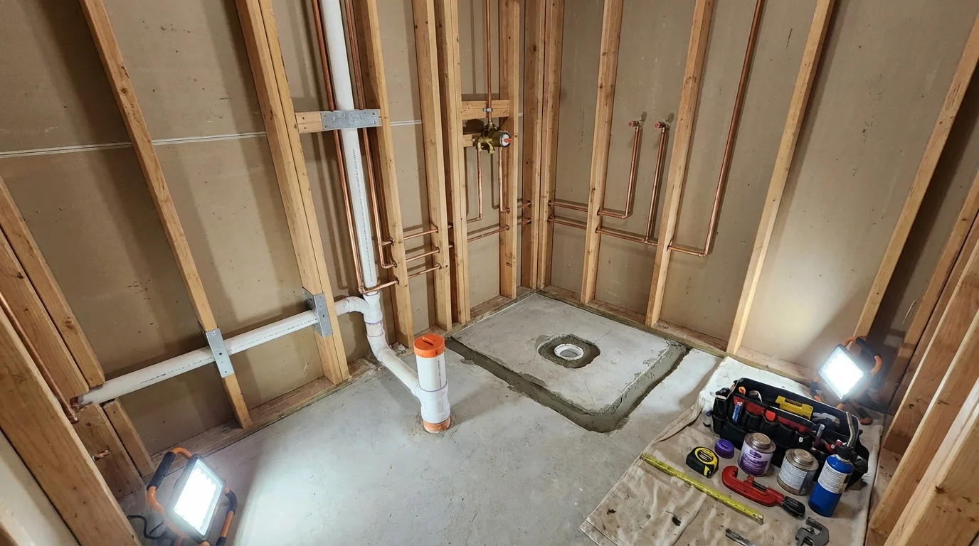 Bathroom rough-in plumbing during remodel by Johns Plumbing LLC in Hanna City