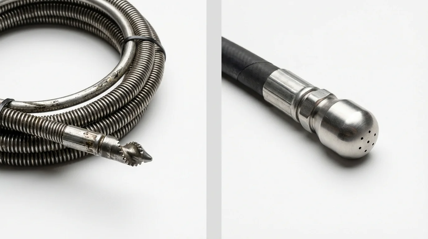 Drain snake cable and hydro jetting nozzle used for drain cleaning in Hanna City, IL