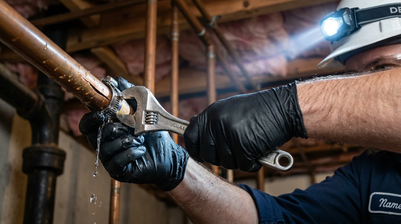 Emergency pipe clamp repair being performed by a Johns Plumbing LLC plumber in Hanna City