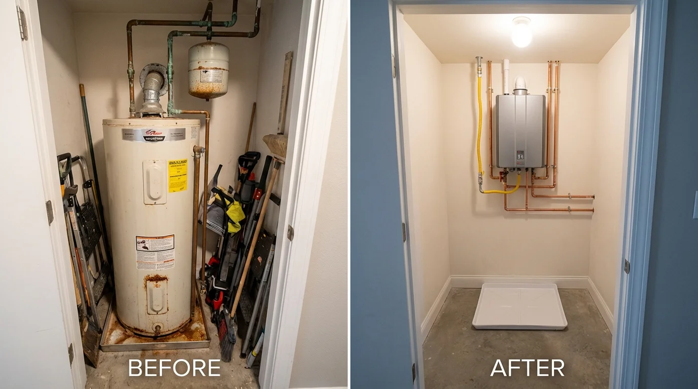 Tank water heater versus wall-mounted tankless unit comparison for Hanna City, IL homeowners