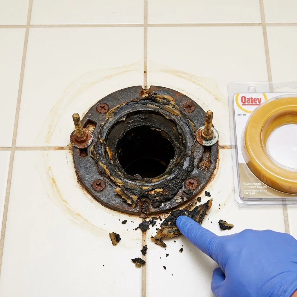 Failed wax ring showing water seepage at the base of a toilet in a Hanna City, IL home