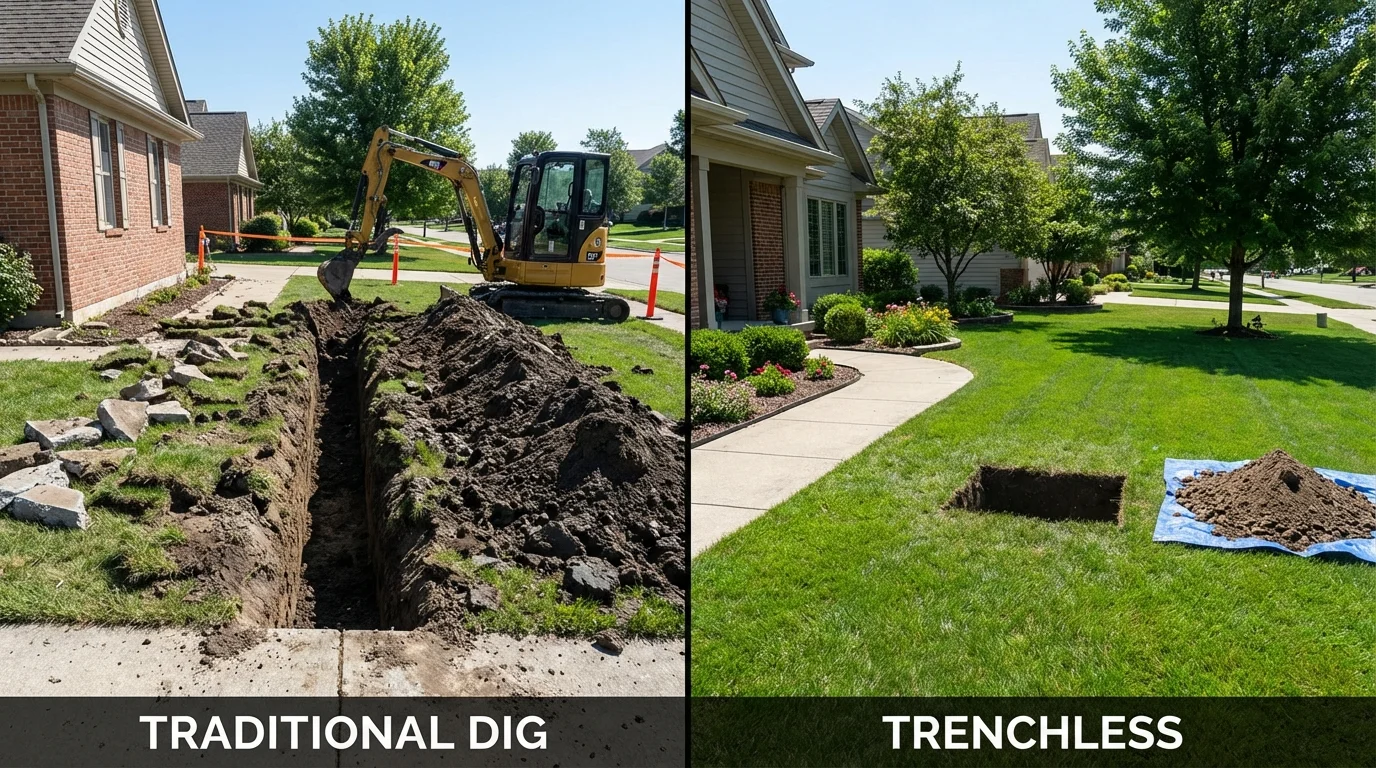 Trenchless sewer repair with minimal yard damage versus traditional excavation in Hanna City, IL
